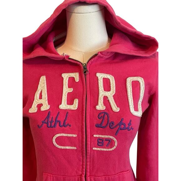 Vintage Y2K Aeropostale Zip Up Hoodie Womens M Pink Spellout Embroidered Logo - Picture 2 of 10